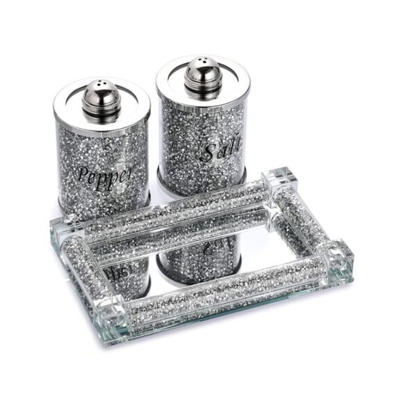 Crushed Diamond Salt and Pepper Shakers With Tray - Picture 5 of 5